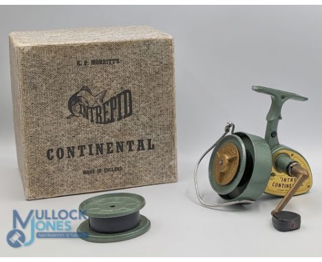 A fine example of a K P Morritts Intrepid Continental fixed spool reel with spare spool, spool tensioner, on/off check. In ve