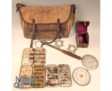 Period Fishing Tackle Collection to include a canvas leather edged game bag, an extendable gaff with brass square pole and fi