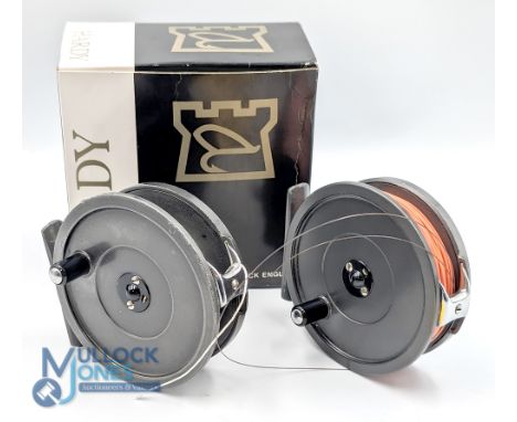 Pair of Hardy Bros "Uniqua" alloy fly reels, 3 1/2" 2 screw latch, black handle, chrome line guide, constant check. Both have