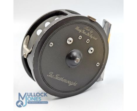 Scarce Hardy Bros "The Featherweight" alloy trout fly reel 2" ventilated spool with black handle and 2 screw latch, milled ri