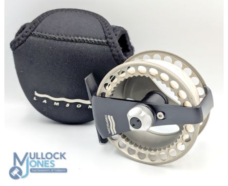 A fine and rare Lamson Waterworks Hard Alox F2 303 601 alloy trout super lightweight fly reel, 3 1/4" ventilated wide shallow