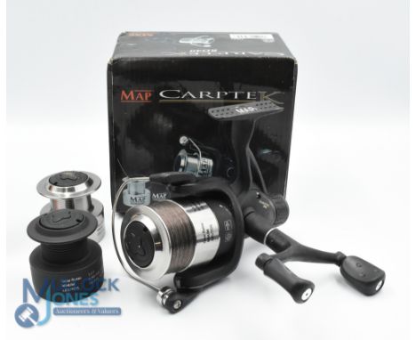 Map Carptek RD 40 fixed spool reel, good bail with 2 spare spools, rear tensioner, original box and instructions, light use