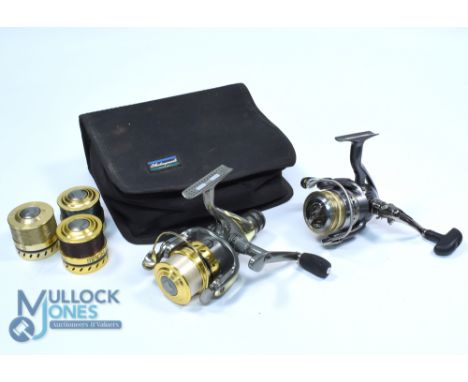 Daiwa Procast 2500X fixed spool reel, good bail, spool tensioner, runs very well, zip pouch, light use; Shakespeare Mach 3 fi