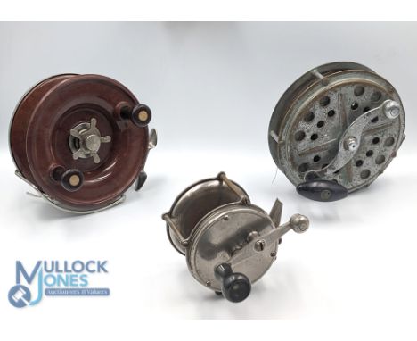 4 Brothers Beacon 3 1/4" raised pillar nickel on brass sea reel, optional check, leather thumb pad brake, a Pflueger Pakron 6