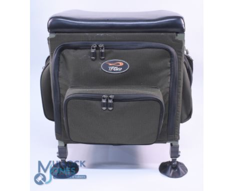 T F Gear Compact Seat Box 10" x 20" x 13" steel frame with padded seat. 4 external zip pockets, one large internal pocket wit