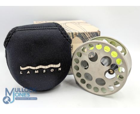 Lamson USA Litespeed LSB alloy trout fly reel 3 3/4" wide ventilated spool, black handle, 'O' ring push spool release, large 