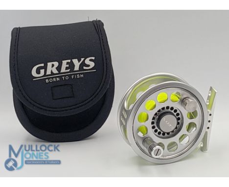 Grey's Alnwick Streamlike 4/5 alloy trout fly reel 3 1/8" wide ventilated spool, counter balanced handle, large rear tensione