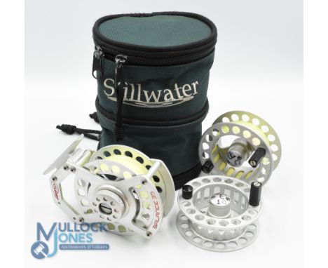 Airflow Balance 35 alloy fly reel with 2 spare spools, 3" ventilated caged spool, 2 screw latch, counter balanced handle, lar