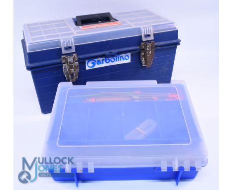 Pair of tackle boxes as follows: Garbollino large tackle box 19" x 9" x 10", visible compartments in lid, large lift out tray