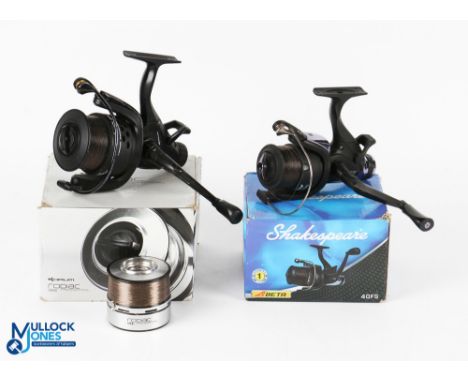 Shakespeare Beta 40FX fixed spool spinning reel, good bail, runs very well, original box, very light use; Korum Rodiac 6000 f