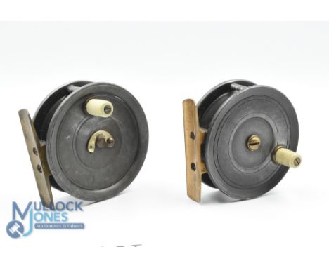 2x Walter Dingley marked alloy fly reels - features a 2 5/8" reel marked D5 internally and a 2 3/4" reel marked D2 internally