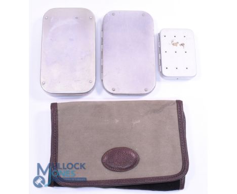 Richard Wheatley slim alloy fly box 6" x 3.5" with swing leaf and 140 small and 93 medium clips with quantity of flies. Richa