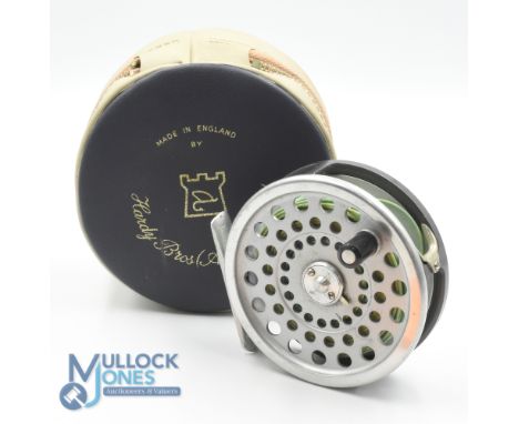 Hardy Bros "Marquis 7" alloy trout fly reel, 3 7/16" ventilated spool, 2 screw latch, black handle, rear tensioner and consta