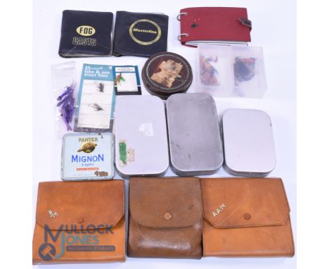 Three Wheatley alloy dry fly boxes including an early 16 compartment model with leather wallet to lid, another 16 compartment