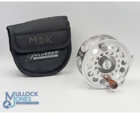 Pflueger Trion 1912 alloy salmon fly reel 4 1/8" ventilated wide spool, counter balanced wood tapered handle, large rear spin