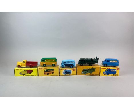Five boxed (reproduction) Dinky Toys diecast model vehicles: model no. 25V, no. 481, no. 25P, no. 25B and no. 465.