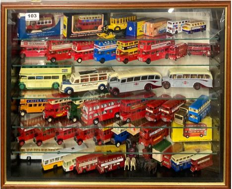 A display case containing diecast model vehicles including Days Gone, Yesteryear and Matchbox, 52.5 x 63.5cm.