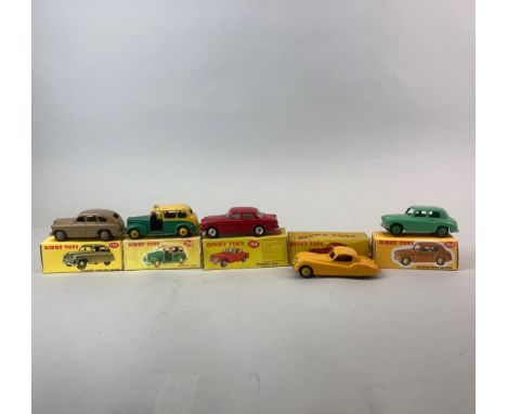Five boxed Dinky Toys diecast model vehicles: model no. 153, no. 254, no. 184, no. 154 and no. 157.