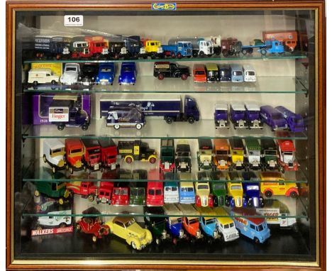 A display case containing diecast model vehicles, including Lledo and Days Gone, 52.5 x 63.5cm.