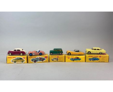 Five boxed Dinky Toys diecast model vehicles: model no. 111, no. 159, no. 197, no. 157 and no. 177.