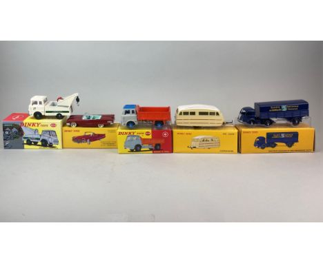 Five boxed (reproduction) Dinky Toys diecast model vehicles: model no. 434, no. 555, no. 811, no. 435 and no. 32AB.