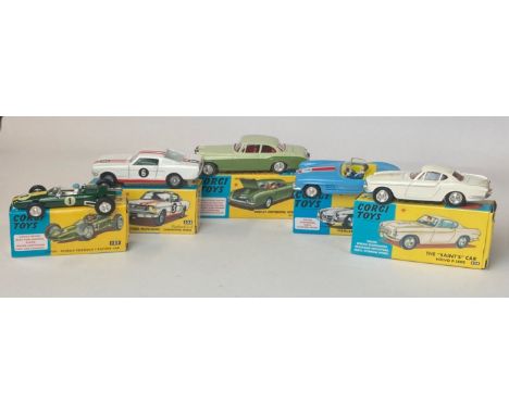 Five boxed (reproduction) Corgi diecast model vehicles: model no. 224, no. 258, no. 303S, no. 155, no. 325.