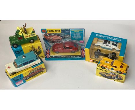 Five boxed (reproduction) Corgi diecast model vehicles: model no. 335, no. 472, no. 437, no. 337, no. 271.