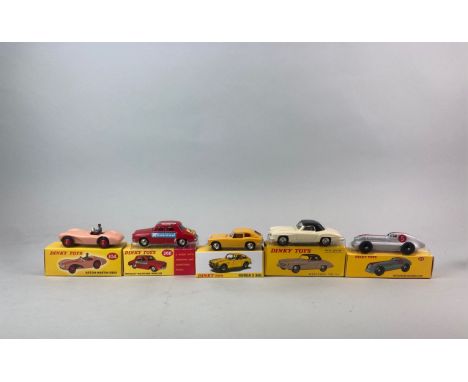 Five boxed (reproduction) Dinky Toys diecast model vehicles: model no. 23B, no. 526, no. 268, no. 1408 and no. 104.