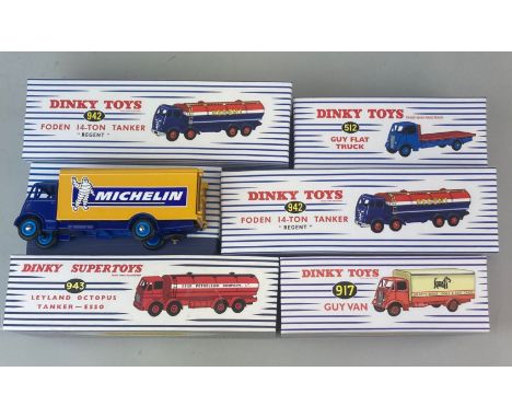 Six boxed (reproduction) Dinky Toys diecast model vehicles: model no. 512, no. 917, two of no. 942, no. 943 and 'Guy Van Mich