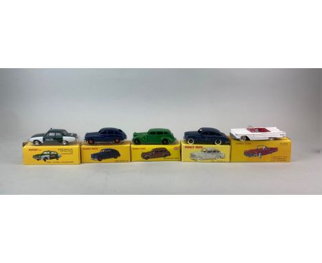 Five boxed (reproduction) Dinky Toys diecast model vehicles: model no. 39A, no. 555, no. 551, no. 24Q and no. 24X.