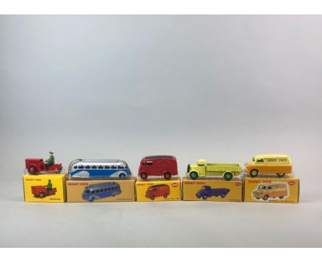 Five boxed (reproduction) Dinky Toys diecast model vehicles: model no. 14, no. 412, no. 482, no. 29E and no. 260.