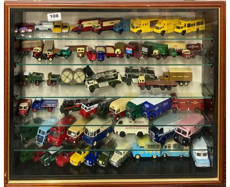 A display case containing diecast model vehicles including Lledo and Tiny City, 52.5 x 63.5cm.