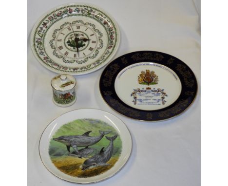 PORTMEIRION PLATE CLOCK, AYNSLEY 1986 ROYAL WEDDING PLATE, DOLPHIN PLATE & POT   