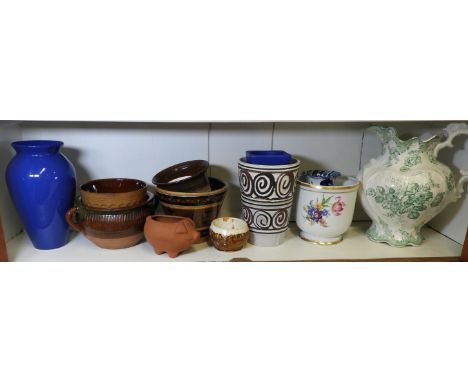 BOTTOM SHELF OF JARDINIERES, JUG ETC   