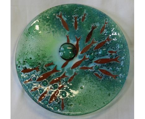 JO DOWNS ART GLASS DISH SHOAL OF FISH   