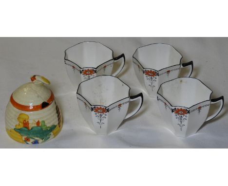 CLARICE CLIFF BIZARRE HONEY POT A/F & 4 SHELLEY CUPS   