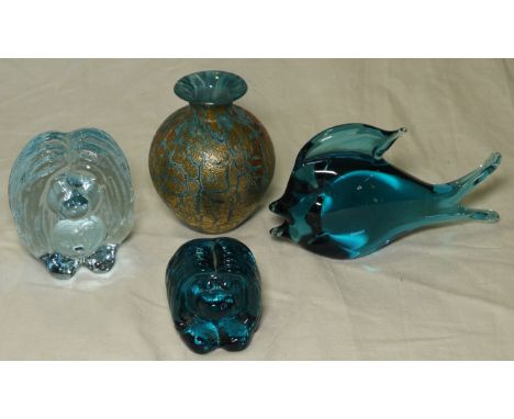3 ART GLASS PAPERWEIGHTS & CRACKLE GLAZE VASE   