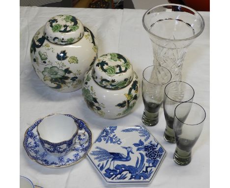 2 MASONS GINGER JARS, ROYAL CROWN DERBY CUP & SAUCER, TEAPOT STAND, 3 GLASSES & VASE   