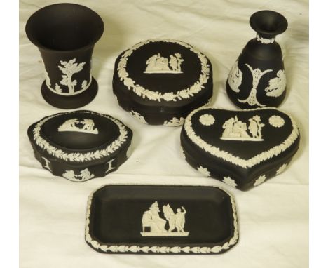 6 PIECES BLACK WEDGWOOD JASPERWARE TRINKET CHINA   