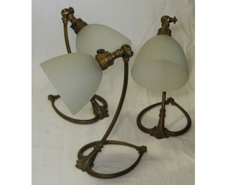 3 BRASS ADJUSTABLE WALL LIGHT FITTINGS WITH GLASS SHADES   