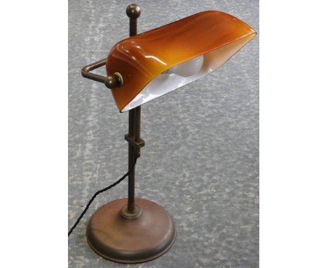 BRASS LIBRARY LAMP WITH AMBER SHADE   