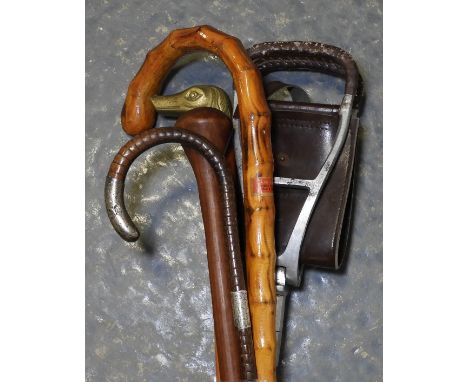 WALKING STICK WITH SILVER FERRULE, 3 OTHERS & A SHOOTING STICK   