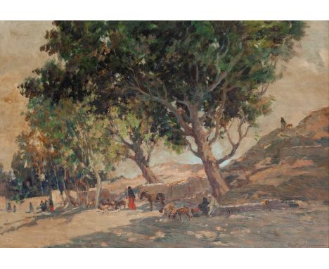 KAMEL MOUSTAFA (EGYPTIAN 1917-1982) GOAT HERD IN THE VALLEYsigned in English K. Mostafa lower rightoil on boardimage: 50.5 x 