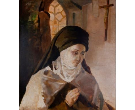 SABRY HELMY RAGHEB (EGYPTIAN 1920-2000) WOMAN PRAYING signed and dated in English and Arabic Sabry 1973 lower rightoil on can