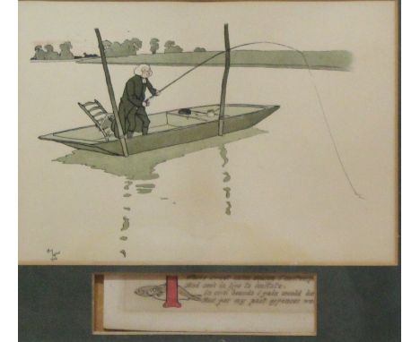 After Cecil Aldin (1870-1935): 'The Vicar fishing from a punt original colour print remarque poem circa 1900 21cm 28cm Condit