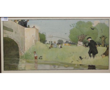 After Cecil Aldin (1870-1935): 'The Vicar fishing from the bank' original colour print pub. Thomas McClean April 1901 34cm x 