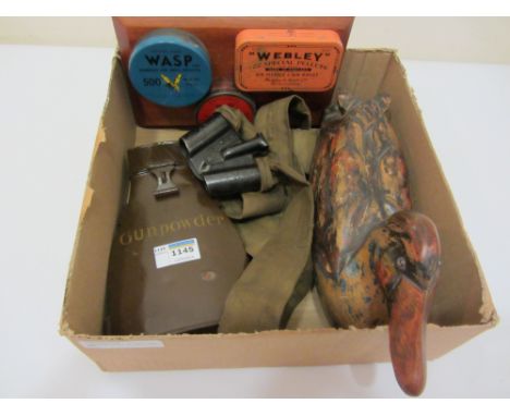 Wooden decoy duck, metal 'gunpowder' flask, Edwardian cartridge dispenser and three mounted air rifle pellet tins Condition R