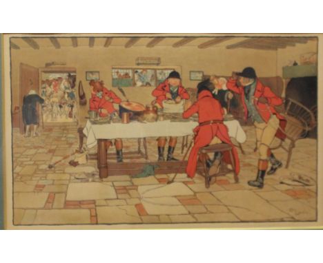 After Cecil Aldin (1870-1935): 'The Hunt Supper' and 'The Hunt Breakfast pair original colour print pub. Lawrence & Jellicoe 