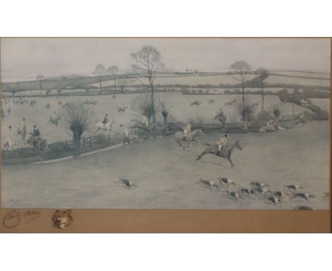 After Cecil Aldin (1870-1935): 'The Warwickshire - Away from Watergalll' original colour print signed with fox remarque 38cm 