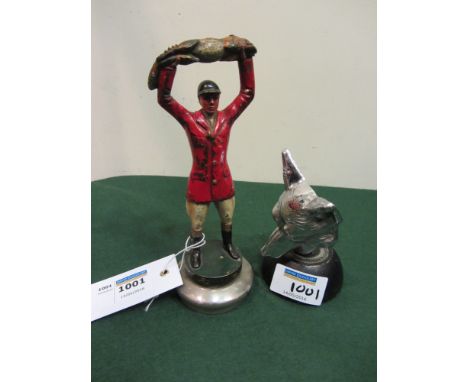 1920's cold painted car mascot in the form of a huntsman holding a fox aloft H17cm, together with a chromium mascot in the fo